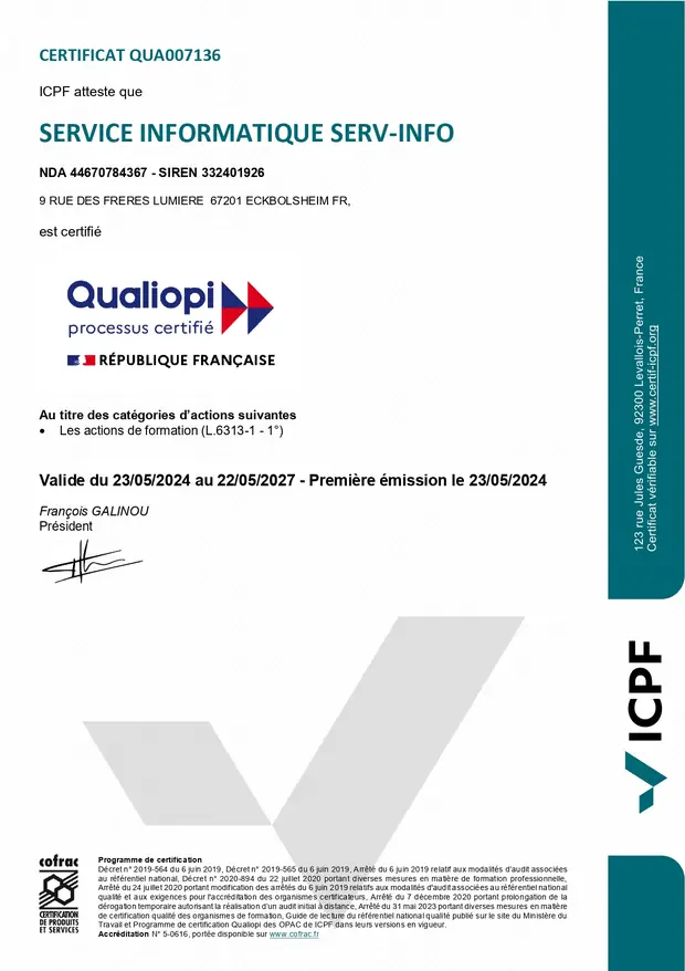 Certificat Qualiopi SERV-INFO pour les actions de formation