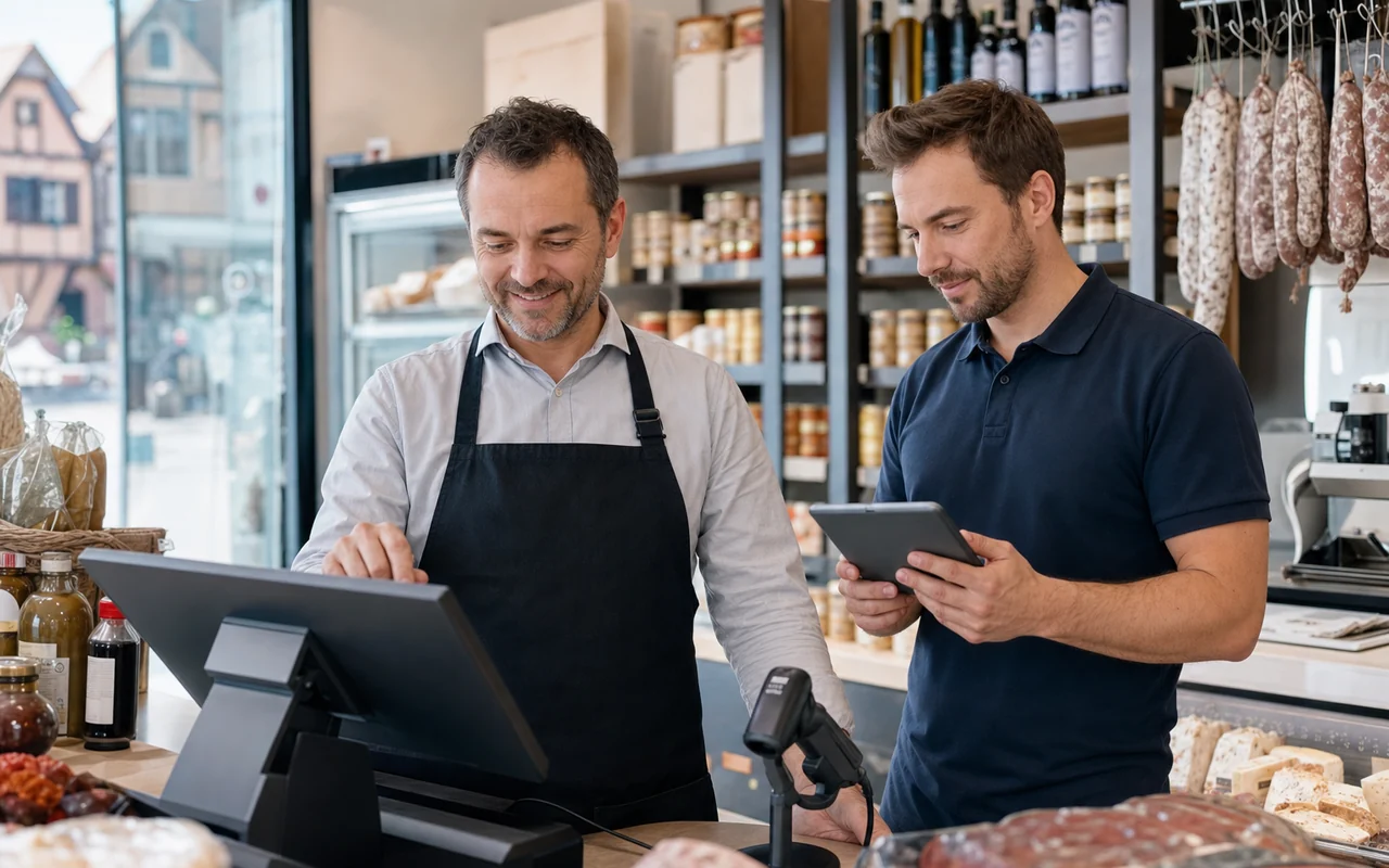 Commerçant utilisant sa caisse avec l’accompagnement d’un technicien SERV-INFO