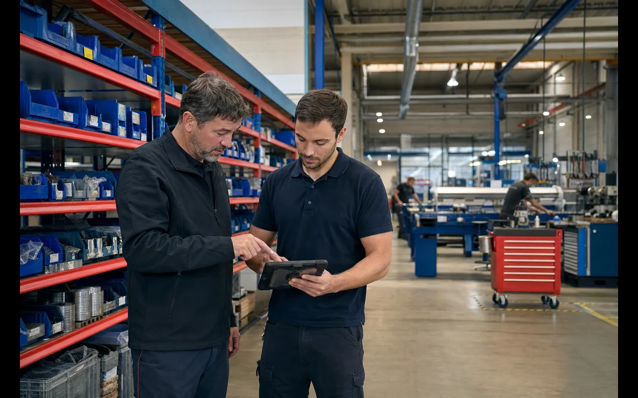 Responsable de production et technicien SERV-INFO suivant les stocks d’une PME industrielle