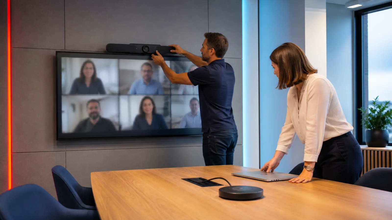 Technicien SERV-INFO installant la caméra d’une salle de réunion équipée pour la visioconférence et le travail hybride.